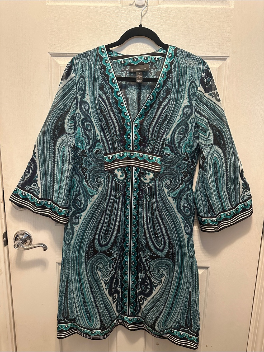INC International Concepts Teal and Black Paisley Midi Boho Dress Size 10